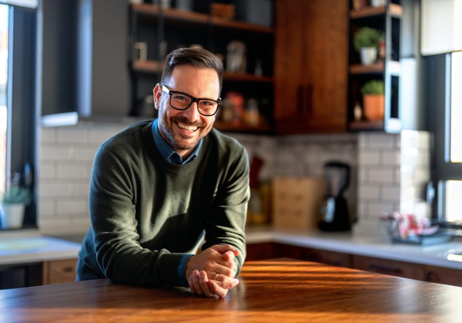 Portrait of happy success balanced man laughing, enjoys the little things in life. Happiness people